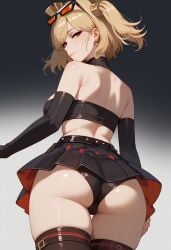 ai_generated ass ass_focus back back_view big_ass blonde_hair burnice_white fat_ass hexd low-angle_view miniskirt oiled_ass red_eyes smirking zenless_zone_zero