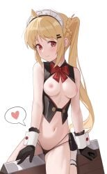 absurdres ahoge bare_shoulders black_gloves black_panties blonde_hair blush bocchi_the_rock! bow bowtie braid breast_cutout breasts female frilled_socks frills gloves highres ijichi_nijika ke'ai_qu_qu long_hair maid_headdress navel nipples panties red_eyes shoes side_ponytail sitting skindentation small_breasts socks spread_legs stomach underwear very_long_hair vest white_background white_socks wooden_horse wrist_cuffs