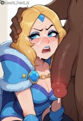 1boy afrobull_(style) ai_dota_ai ai_generated black_thighhighs blonde_hair blue_cape blue_dress blue_eyes blue_lips blush breasts cape cleavage collarbone crystal_maiden cum cum_on_body cum_on_breasts dark-skinned_male dark_skin dota_2 dress facial female fur-trimmed_cape fur_trim gem hand_on_another's_head interracial large_breasts makeup medium_hair open_mouth parted_bangs penis rylai_the_crystal_maiden shiny_skin solo_focus straight teeth testicles thighhighs uncensored