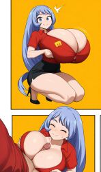 ai_generated blue_eyes busty cleavage hadou_nejire huge_breasts long_hair my_hero_academia nejire_hado paizuri pizza purple_hair thick_thighs