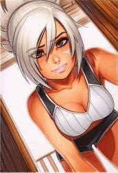 2025 ai_generated artist_name breasts cleavage crazyfishbones dark-skinned_female dark_skin female large_breasts looking_at_viewer riven_(league_of_legends) short_hair solo white_hair
