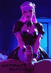 ai_generated areolae artifactglitch black_lipstick earings evelynn femdom handjob league_of_legends maid_outfit silver_hair yellow_eyes