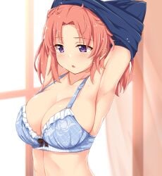 1girls armpits arms_up blue_bra blue_shirt blurry blurry_background blush bow bow_bra bra breasts cleavage clothes_lift collarbone commentary_request dou-t floral_print frilled_bra frills highres indoors large_breasts lifting_own_clothes lingerie looking_down mikakunin_de_shinkoukei open_mouth parted_bangs pink_hair print_bra purple_eyes rose_print shirt shirt_lift short_hair solo sweat underwear undressing upper_body yonomori_kobeni