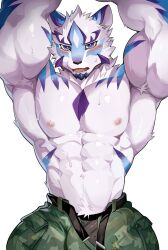 2025 anthro blush bodily_fluids bottomwear bulge canid canine chung0_0 clothed clothing hi_res lifewonders live_a_hero looking_at_viewer male mammal muscular muscular_anthro muscular_male sadayoshi solo sweat sweatdrop topless