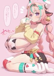 animal_ears animal_print bandaid bell bikini breast_expansion breasts bursting_breasts cow_ears cow_horns cow_print cow_print_bikini cowbell female genshin_impact gigantic_breasts highres horns huge_breasts lactation milk multicolored_hair overflowing_breasts pink_hair print_bikini skindentation solo swimsuit tagu_c0032 two-tone_hair varesa_(genshin_impact)