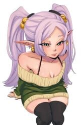 1girls absurd_res bell_earrings black_thighhighs blue_eyes bra_strap christmas christmas_outfit clothed down_blouse dress earrings elf elf_ears elf_female female frieren frieren_beyond_journey's_end frown green_dress hair_bell highres invisible_chair jingle_bell legs_together long_eyelashes looking_at_viewer mahmapuu mature_female off-shoulder_dress pointy_ears purple_hair sitting skindentation small_breasts solo sweater_dress thick_thighs thighhighs twintails very_long_hair wrinkles zettai_ryouiki