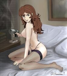 1girls bed black_panties breasts brown_eyes brown_hair cigarette female female_focus fishnet_thighhighs fishnets full_body gun handgun holding_weapon indoors kanaman7 large_breasts legs long_hair looking_at_viewer lupin_iii mine_fujiko navel nipples panties pillow pistol smile smoke solo thighhighs thighs topless_female underwear weapon