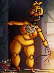 animatronic anthro areola ass avian bib big_breasts bird breasts butt_from_the_front chicken exposed_endoskeleton eyelashes feathers female five_nights_at_freddy's five_nights_at_freddy's_2 front_view galliform gallus_(genus) genitals head_feathers hi_res looking_at_viewer machine navel nipples nude open_mouth orange_areola orange_nipples overweight overweight_female phasianid purple_eyes pussy robot scottgames solo thick_thighs timmy-22222001 wide_hips wire withered_chica_(fnaf) yellow_body yellow_feathers