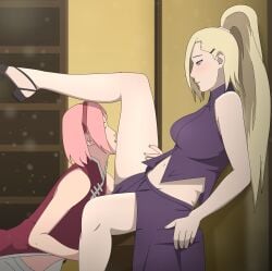 2girls against_wall ass before_sex blonde_hair blush boruto:_naruto_next_generations clothing dress female female/female female_focus female_only highres ino_yamanaka licking licking_body licking_leg licking_partner long_hair mature_female midriff milf multiple_girls naruto naruto_(series) optimystic pants pink_hair raised_leg sakura_haruno sitting skirt worship worshiping yuri