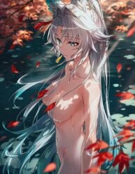 ai_generated autumn_leaves breasts feixiao_(honkai:_star_rail) female_focus honkai:_star_rail naked naked_female neutral_expression nipples_covered raaicave shoulders sunlight_rays tree_background water_background white_hair