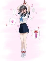 ahoge arms_up black_eyes black_hair blue_necktie blush bondage bondage bondage bound bound_legs bound_wrists breasts dildo egg_vibrator female full_body gag gagged highres improvised_gag low_twintails midriff_peek minicat necktie no_shoes original pleated_skirt restrained sailor sailor_collar school_uniform self_bondage serafuku sex_toy shirt shirt_overhang skirt small_breasts socks solo standing suspension tape tape_gag twintails uterus vibrator white_shirt white_socks x-ray