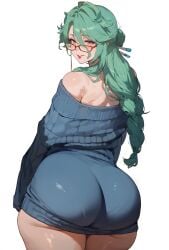 1boy ai_generated alteryors baizhu_(genshin_impact) dumptruck_ass fat_ass femboy from_behind genshin_impact glasses green_hair hoyoverse huge_ass lipstick mihoyo novelai oversized_clothes seductive seductive_look seductive_smile smile solo sweater thick thick_ass thick_thighs wet wet_body wet_skin yellow_eyes