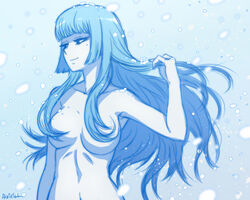 akairiot blue_hair breasts female hime_cut long_hair pale_skin smile solo standing yuki-onna yuki_onna