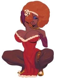 1girls absurd_res afro alternate_skin_color armpits big_hair black_pantyhose blue_eyeshadow breasts christmas christmas_outfit dark-skinned_female dark_skin dress ear_piercing earrings elbow_gloves eyeshadow female female_focus female_only gloves gold_footwear gold_necklace green_eyes hair_over_one_eye half-closed_eyes hand_in_hair high_heels highres hoop_earrings hoop_earrings_oversized huge_breasts impossible_clothes large_breasts long_dress long_eyelashes looking_at_viewer mahmapuu makeup mole mole_above_mouth necklace no_bra pantyhose pelvic_curtain pink_lipstick plunging_neckline powerpuff_girls purple_gloves race_swap red_dress sara_bellum solo squatting strapless strapless_dress suggestive_pose thick_thighs thigh_strap