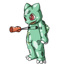 1boy anthro bulbasaur bulge disembodied_hand latex male male_only nintendo nipple_pinch nipple_play nipple_pull nipple_torture pokémon_(species) pokemon pokemon_rgby rubber_suit solo_focus soukouryu standing unknown_species