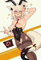 absurdres ahoge animal_ears armpit_focus armpits black-framed_eyewear black_leotard black_nails blue_eyes braid breasts clothing_aside commentary cowboy_shot crossed_bangs cum cum_in_pussy cum_on_armpits cum_on_body cumdrip detached_collar double_fox_shadow_puppet dutch_angle earrings english_commentary fake_animal_ears female female_pubic_hair fingernails fox_ears fox_shadow_puppet fox_tail glasses hair_between_eyes hand_up highres hololive jewelry leotard leotard_aside medium_breasts medium_hair necktie open_mouth pantyhose pentagram playboy_bunny presenting_armpit pubic_hair pubic_hair_peek rabbit_ears red_necktie red_ribbon ribbon ring shirakami_fubuki smile solo sparkle sweat tail tongue tongue_out torn_clothes torn_pantyhose varniskarnis virtual_youtuber wedding_ring white_hair white_pubic_hair wrist_cuffs