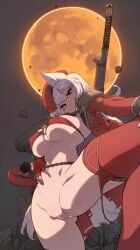 animal_ears ass beret collarbone female fox_ears full_moon gloves happening18 hat highres long_hair looking_at_viewer moon navel o-ring original panties panties_around_one_leg panties_on pussy rail_a red_eyes red_gloves red_hat red_thighhighs solo spread_legs thighhighs underwear weapon white_hair