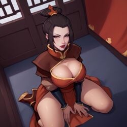 ai_generated armor azula bangs bent_knees big_breasts breasts breastsblack_hair brown_hair cleavage cleavage_cutout clothing clothing_cutout dress female female female_only footwear golden_eyes hair_bun hair_ornament imminent_sex indoors kneeling large_breasts lips lipstick looking_at_viewer makeup pelvic_curtain red_dress red_lipstick seiza sidelocks sitting smile solo solo_female thighs tied_hair topknot wariza yellow_eyes