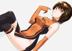 1girls arm_length_gloves arms_up breasts brown_eyes brown_hair dress female hitomi_yoshino legs legs_crossed logo moto_gp namco no_panties pantyless sitting sunglasses sunglasses_on_head thigh_boots thighs toku_sonchou