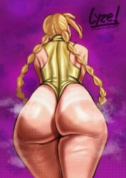 1girls absurd_res ass ass_focus big_ass blonde_hair cammy_white clothed facing_away female from_behind green_leotard highres legs_together long_hair lyze sleeveless solo steaming_body street_fighter street_fighter_6 thick_thighs thong_leotard twin_braids wide_hips
