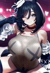 absurdres alternate_costume animal_ears armpits asdkd123 bare_shoulders black_hair blue_eyes blush bob_cut breasts choker cleavage commentary_request covered_navel detached_sleeves ear_ornament eishin_flash_(umamusume) female hair_between_eyes heart highres horse_ears horse_girl horse_tail large_breasts leotard looking_at_viewer navel red_choker shadow short_hair sitting smile solo stomach swept_bangs tail thighhighs umamusume v