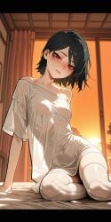 1girls ai_generated bedroom bedroom_eyes black_hair blush boruto:_naruto_next_generations head_tilt horny loose_clothes messy_hair naruto naruto_(series) off-shoulder_shirt on_bed oversized_clothes parted_lips red_eyes sarada_uchiha see-through sexy short_hair silhouette skinny small_breasts solo sunset white_shirt white_socks