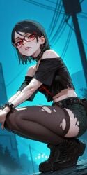1girls ai_generated black_boots black_hair black_nails black_skirt boruto:_naruto_next_generations crop_top cross_earrings denim_shorts glasses goth leather_belt naruto naruto_(series) navel necklace night off-shoulder_shirt outdoors red_eyes ripped_clothing ripped_shirt ripped_shorts ripped_stockings sarada_uchiha sexy short_hair side_view skinny small_breasts solo spiked_bracelet spiked_collar squatting stockings