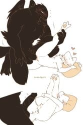 after_sex anthro anus avian blush bodily_fluids canid canine claws cum cum_in_pussy cum_inside cum_string duo eyelashes feet female fox fur genital_fluids genitals heart_symbol holding_legs_up karagarasu_(pegu2726) looking_back lovebuffpg45 male male/female mammal muscular nervous penetration penis pillow pussy sex size_difference sweat tail talons tarte_(pegu2726) toes vaginal_penetration white_body white_fur wings
