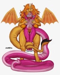 ambiguous_gender anthro big_breasts breast_squish breasts bunny_dragon caught dragon duo female forked_tongue golden_(milehighbrid) goldmikun hi_res hybrid licking long_tail long_tongue lumi_(senpaiithon) male mythological_creature mythological_scalie mythology scalie sex size_difference squish tail thick_thighs thigh_sex tongue tongue_wrap wrapped_up