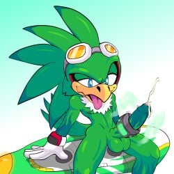 accessory accipitrid accipitriform anthro avian balls beak big_penis bird bodily_fluids chest_tuft clothing cock_ring cum cumshot ejaculation energy erection eyewear feathers foreskin genital_fluids genitals gloves goggles green_body green_feathers half-closed_eyes hands-free handwear hi_res hoverboard humanoid_genitalia humanoid_penis jet_the_hawk jewelry looking_pleasured male markings mostly_nude narrowed_eyes nipples penis penis_accessory penis_jewelry rakkan sega sitting solo sonic_(series) sonic_riders sonic_the_hedgehog_(series) tail tongue tongue_out tuft vein veiny_penis