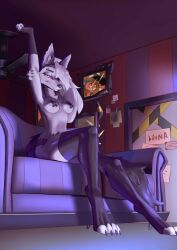 anthro biped black_claws black_clothing black_gloves black_handwear black_legwear black_nose black_stockings blitzo_(helluva_boss) breasts canid canid_demon canine ceiling_fan claws clothed clothing demon detailed_background drawx electric_fan eyebrow_piercing eyebrows eyelashes facial_piercing female fizzarolli_(helluva_boss) fur furniture gloves grey_body grey_fur grey_hair handwear hellhound helluva_boss hi_res inside legwear looking_at_viewer loona_(helluva_boss) mammal mythological_canine mythological_creature mythology nyx_whiskers on_sofa panties pasties paws piercing red_sclera sitting smile sofa solo stockings stretching tail topless topless_female underwear white_body white_eyes white_fur