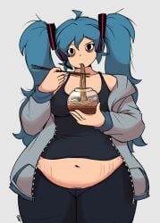 bbw blue_hair eating gym_uniform hatsune_miku stretch_marks