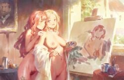 2girls bigrbear blonde_hair breasts completely_nude female_pubic_hair highres holding holding_paintbrush indoors long_hair medium_breasts multiple_girls navel nipples nude original paint paintbrush painting_(object) pubic_hair purple_eyes pussy red_hair red_pubic_hair uncensored