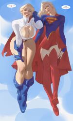 1boy 2girls big_breasts blonde_hair breasts dc dc_comics dialogue faceless_male female imminent_sex justice_league kara_zor-l karen_starr long_hair male power_girl saigalisk short_hair supergirl superman_(series) text thick_thighs
