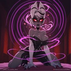 1girls ai_generated big_breasts black_dress black_lips black_nails brain brainwashed brainwashing breasts carmilla_carmine curvy curvy_figure demon_girl dress female gloves glowing glowing_eyes grey_body grey_skin hazbin_hotel hearts_around_head indoors kneeling lustful_mind mature_female milf mind_control on_bed patreon_username posing red_sclera saliva saliva_trail self_upload sitting solo surprised sweat tagme thick_thighs torn_clothes twitter_username voluptuous voluptuous_female white_hair white_pupils