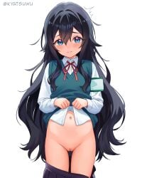 absurdres armband black_hair blue_eyes blush clothes_lift copyright_request female highres kyatsuwu long_hair navel pussy shirt_lift simple_background sleeveless sleeveless_sweater solo sweater very_long_hair white_background