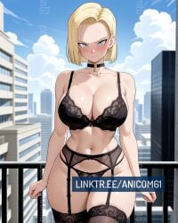 2025 ai_generated android18dx android_18 angry_at_viewer anicom61 anime belly black_lingerie black_necklace blonde_eyebrows blonde_hair_female blue_eyes_female city_background closed_mouth crunchyroll dragon_ball golden_earrings instagram looking_at_viewer manga meta mouth_closed red_cheeks toei_animation tummy