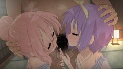 1boy 2girls bare_shoulders blush closed_mouth cooperative_fellatio fellatio hair_bun hand_on_another's_head highres hiiragi_tsukasa indoors licking licking_penis lucky_star male_pubic_hair multiple_girls namidate navel oral penis pink_hair pubic_hair purple_hair stomach straight takara_miyuki teamwork_(sexual)