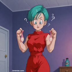 ai_generated bulma_briefs condom confused dragon_ball dragon_ball_super dragon_ball_z female holding_object jorenran used_condom used_condoms