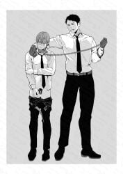 2boys chastity chastity_cage clothed clothed_male colar denkishingoh embarrassed embarrassed_nude_male gay gay_domination gay_male gloves humiliation leash_and_collar male_only o open_shirt original original_character pants_down revealing size_difference tagme yaoi