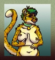 anthro bodily_fluids breast_grab breast_milking breasts cheetah collar cool. felid feline female fur hand_on_breast lactation mammal milk picture_frame slightly_chubby solo spots spotted_fur