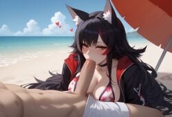 ai_generated beach black_hair blowjob blush breasts cleavage curvy female heart hexd hololive hololive_gamers hololive_japan just_the_tip large_breasts large_penis multicolored_hair ocean ookami_mio orange_eyes red_hair sucking_penis sucking_tip virtual_youtuber wolf_ears wolf_girl