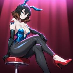 ai_generated black_hair bloodstained:_ritual_of_the_night blue_eyes breasts brown_hair bunny_ears bunnysuit large_breasts leotard miriam_(bloodstained) on_side pale-skinned_female pale_skin short_hair sitting smile smiley_face stage stage_lights two_tone_hair