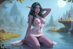 ai_generated breasts elf green_hair hands_behind_head huge_hips night_elf nipples nipples_visible_through_clothing on_knees panties pointy_ears purple_body seductive_look seductive_smile tyrande_whisperwind warcraft wet wet_body wet_clothes white_dress world_of_warcraft