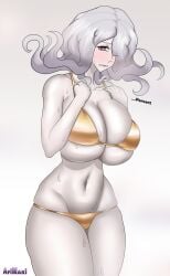 afimaki bikini bikini_bottom bikini_top blush breasts danganronpa danganronpa_3 embarrassed female female_only golden_bikini kimura_seiko large_breasts pale-skinned_female pale_skin skimpy_bikini sweat sweating thick_thighs thighs