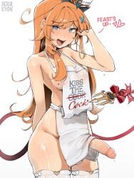 alterkyon apron arm_behind_back blue_eyes breasts clothes_writing cowboy_shot english_text erection escoffier_(genshin_impact) female futanari genshin_impact highres large_penis long_hair looking_at_viewer medium_breasts naked_apron open_mouth orange_hair penis smile solo tail testicles thighhighs uncensored veins veiny_penis white_apron white_background white_thighhighs