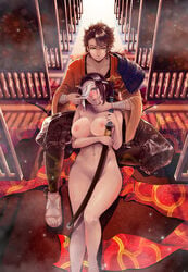 1boy 1girls black_hair blush breasts brown_eyes brown_hair clothed_male_nude_female curvy female female_saniwa_(touken_ranbu) fukuro_(sarastya) hips katana large_breasts lying male mutsunokami_yoshiyuki navel nipples nude on_back pointy_chin scabbard shaved_crotch sheathed straight sword touken_ranbu weapon yellow_eyes