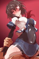 1boy arm_grab black_hair blush bodysuit brown_hair covered_navel cowgirl_position drooling female furutaka_(kantai_collection) glowing glowing_eye heart highres kantai_collection navel penis reverse_cowgirl_position saliva sex straddling sweat tears wanaata wrist_grab