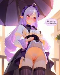 ahoge ai_generated bangs blush bonnet bow breasts cleft_of_venus closed_mouth clothes_lift drill_hair embarrassed english_text female frills gloomproject hairband lifted_by_self lolita_fashion long_hair long_sleeves looking_away medium_breasts multicolored_hair no_panties parasol pointy_ears puffy_sleeves purple_hair pussy red_eyes self_upload sideboob skirt skirt_lift solo speech_bubble striped striped_thighhighs thighhighs umbrella uncensored vertical_stripes very_long_hair vivian_(zenless_zone_zero) zenless_zone_zero