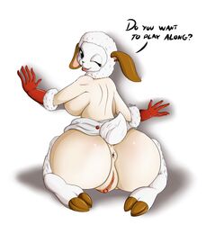 2015 anthro anus ass big_breasts breasts caprine clitoris clothing dialogue english_text female gloves hi_res lamb_chop lamb_chop's_play_along looking_at_viewer looking_back mammal pussy sheep simple_background solo suirano text white_background